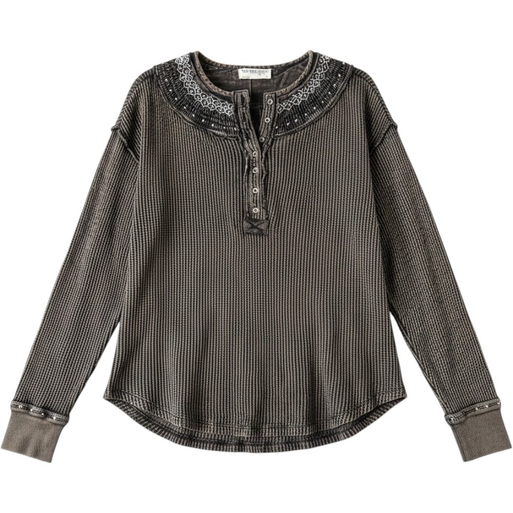 We The Free Henley Small Grey Acid Wash Embroidered Waffle Knit Thermal Boho